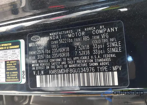 2016 Hyundai Santa Fe Se из США, поврежденный, VIN KM8SMDHF8GU134976